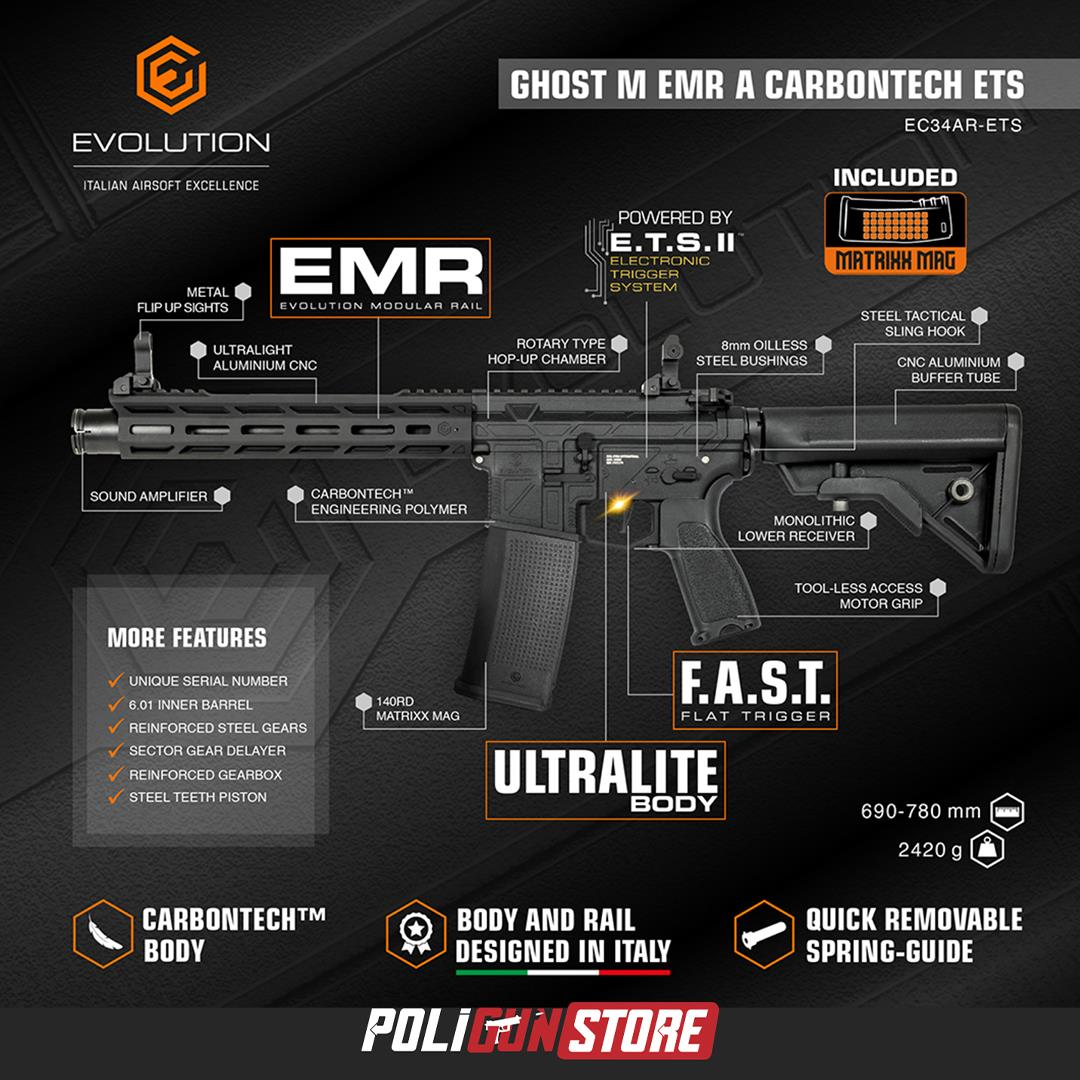 Evolution Ghost M EMR A Carbontech ETS Airsoft Tüfeği + 7.4v LiPo Pil