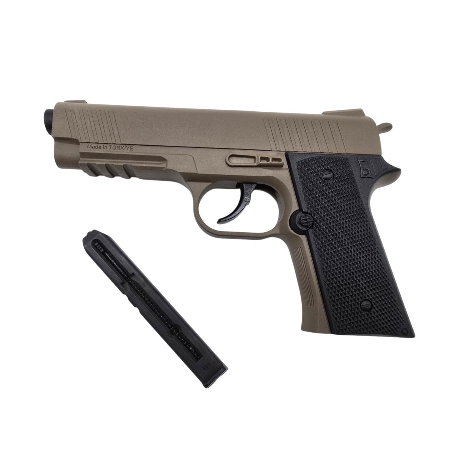 Rubino RBN-1911 Çöl Rengi Havalı Tabanca + 10 Adet Co2 + 3 Adet 4.5mm BB + Taşıma Çantası + Balistik Gözlük