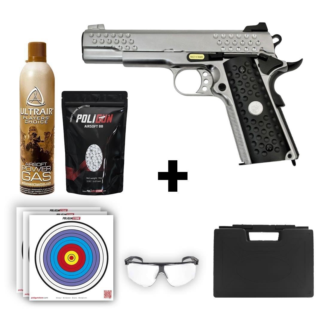 We Knight Hawk 1911 Gümüş Airsoft Tabanca + Green Gas + 0.20gr BB + Taşıma Çantası + Balistik Gözlük
