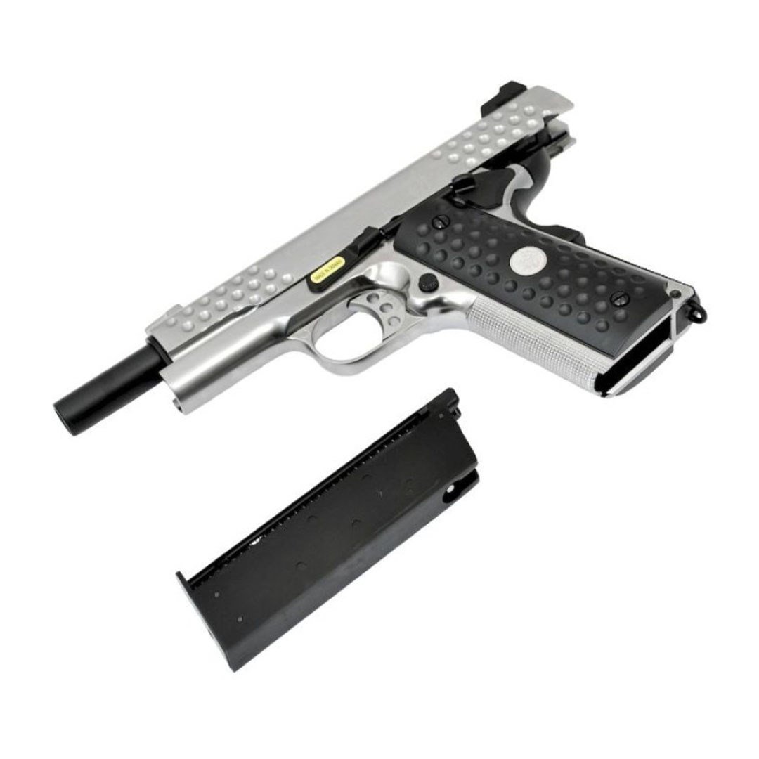 We Knight Hawk 1911 Gümüş Airsoft Tabanca + Green Gas + 0.20gr BB + Taşıma Çantası + Balistik Gözlük
