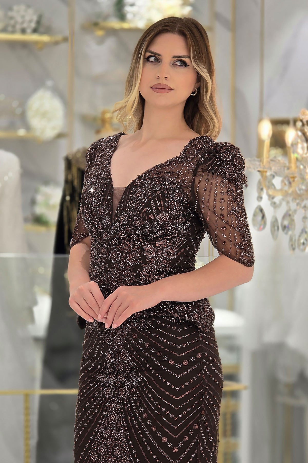 Acı Kahve Taş Boncuk Ay Kol Abiye 9025