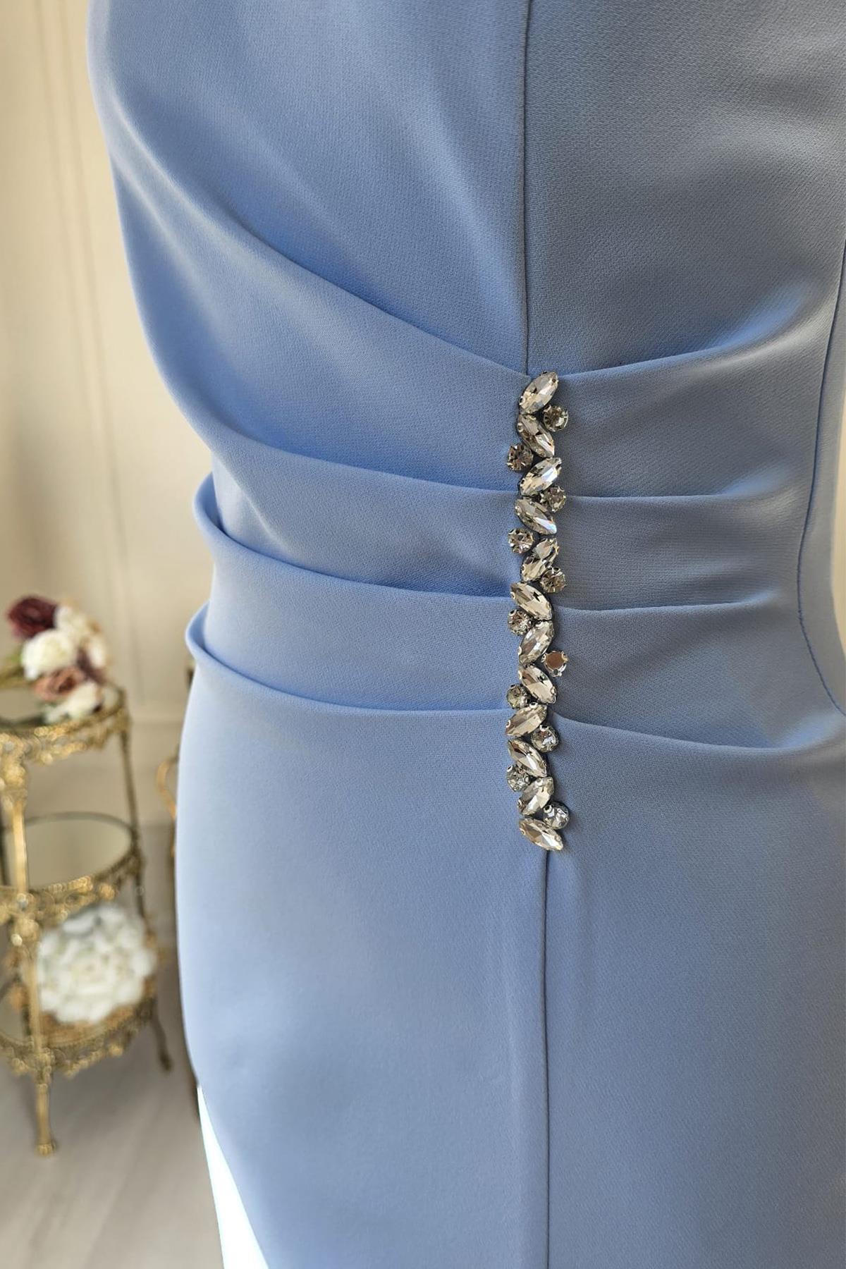 BEBE MAVİSİ BELİ TAŞLI OTRİŞLİ ELBİSE 8276