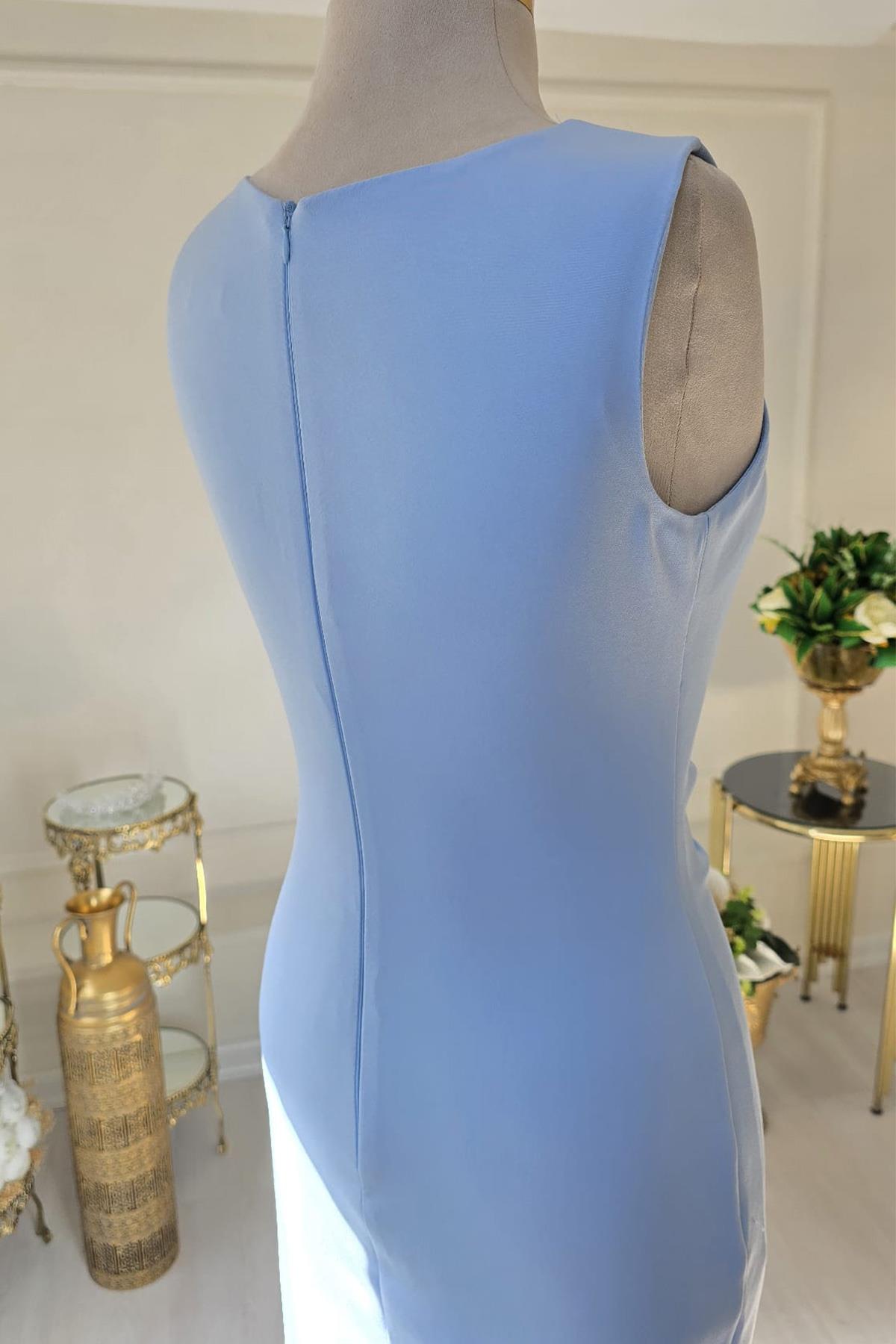 BEBE MAVİSİ BELİ TAŞLI OTRİŞLİ ELBİSE 8276