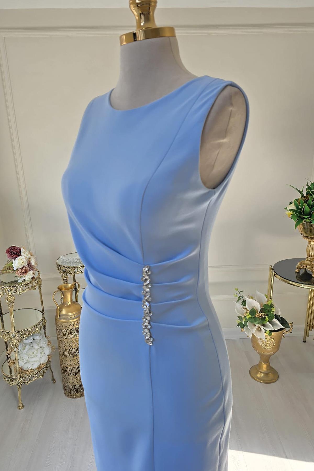 BEBE MAVİSİ BELİ TAŞLI OTRİŞLİ ELBİSE 8276