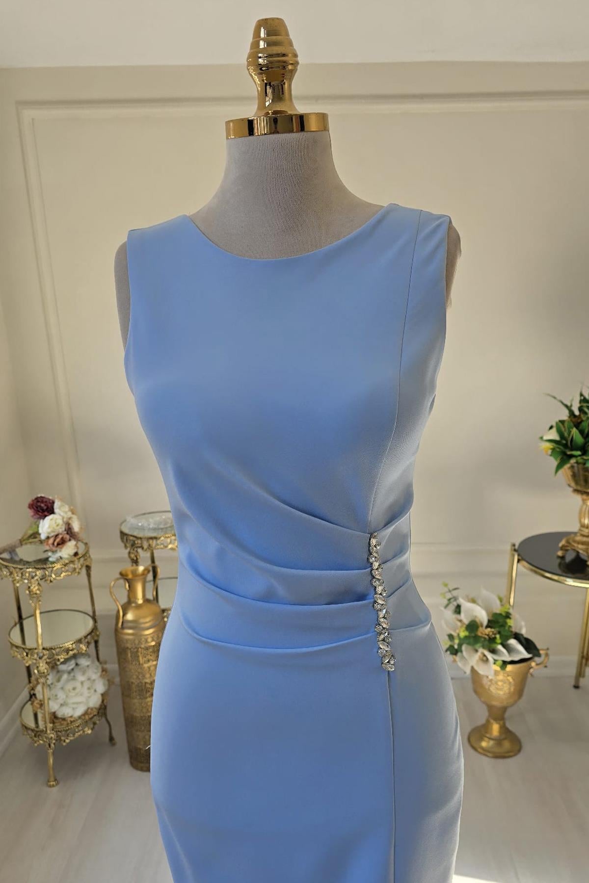 BEBE MAVİSİ BELİ TAŞLI OTRİŞLİ ELBİSE 8276