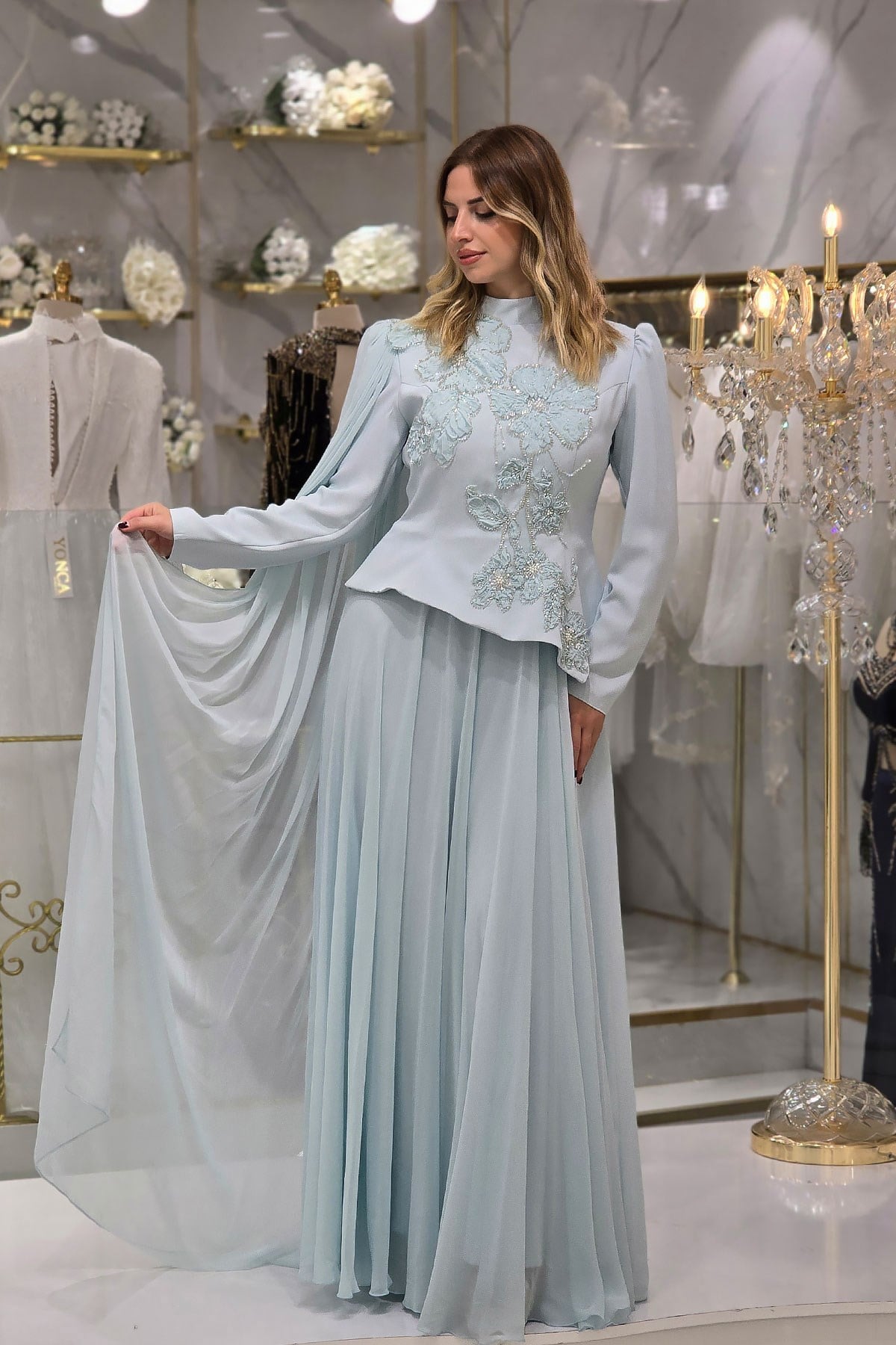 BEBE MAVİSİ Çiçek Detaylı Krep Abiye 4478