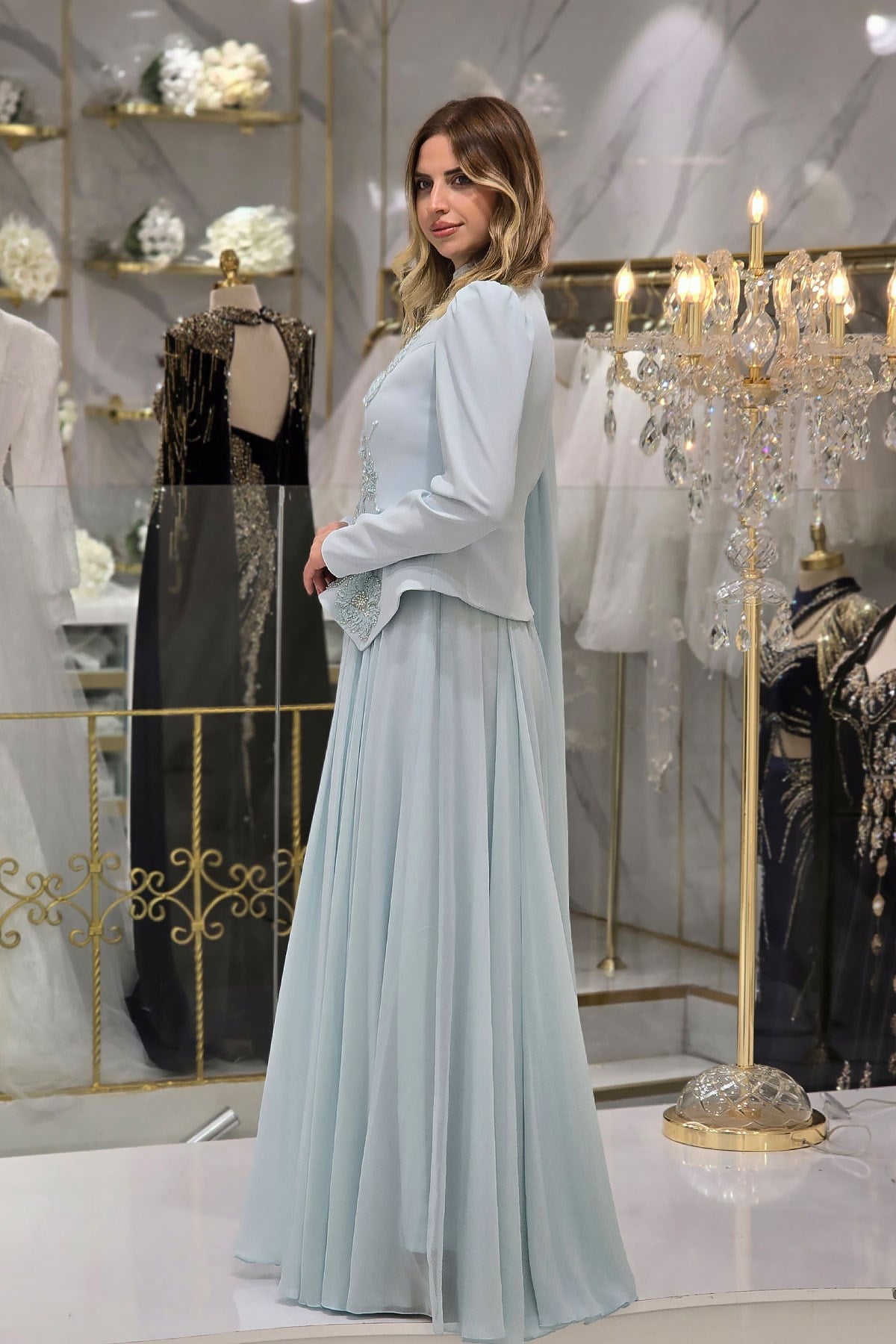 BEBE MAVİSİ Çiçek Detaylı Krep Abiye 4478