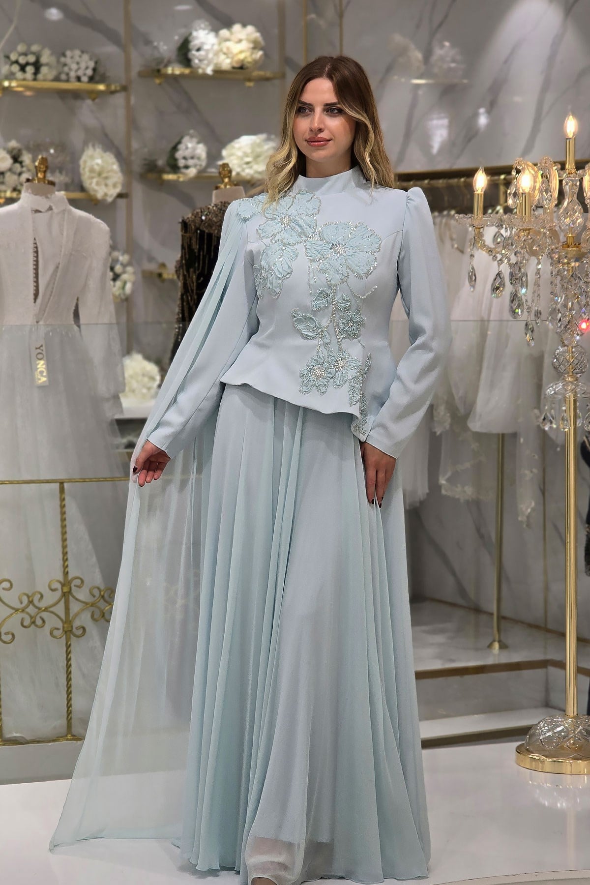 BEBE MAVİSİ Çiçek Detaylı Krep Abiye 4478