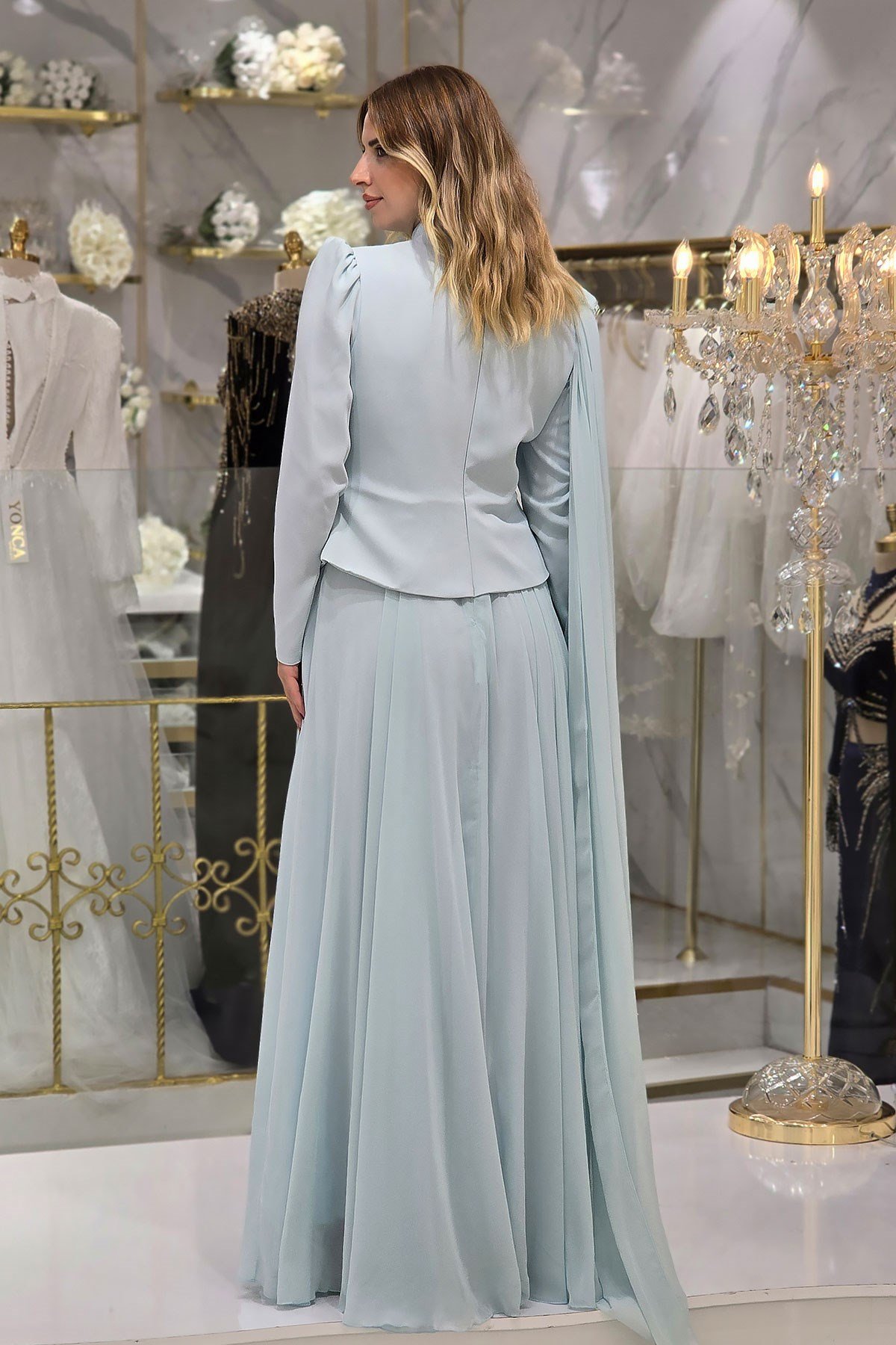 BEBE MAVİSİ Çiçek Detaylı Krep Abiye 4478