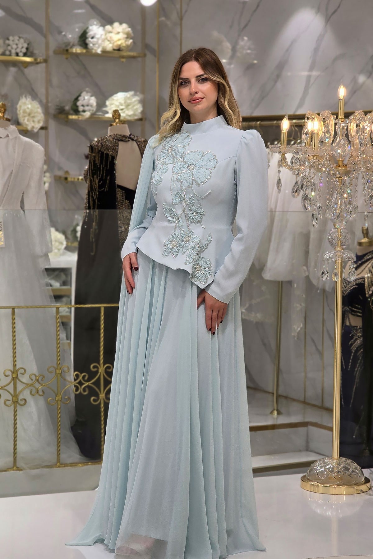 BEBE MAVİSİ Çiçek Detaylı Krep Abiye 4478