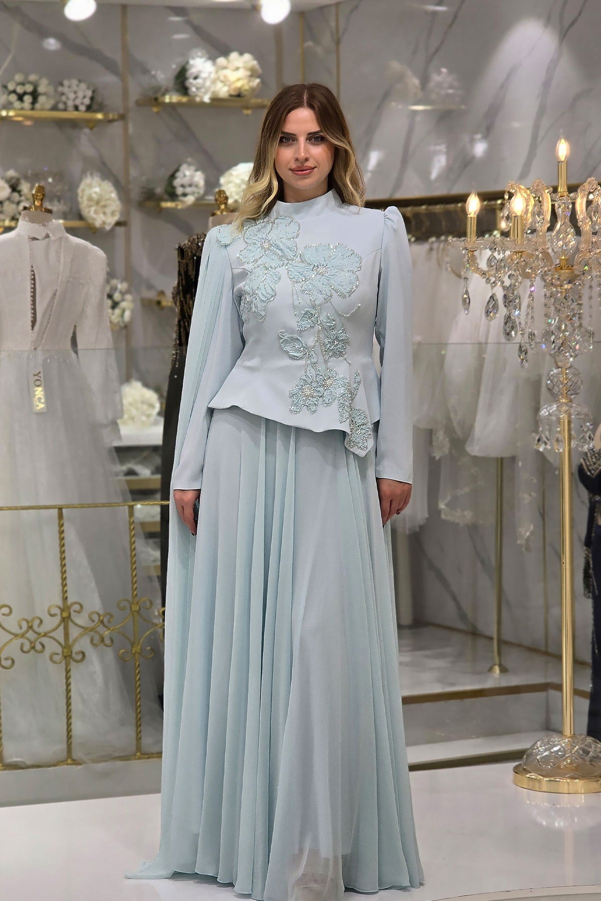 BEBE MAVİSİ Çiçek Detaylı Krep Abiye 4478