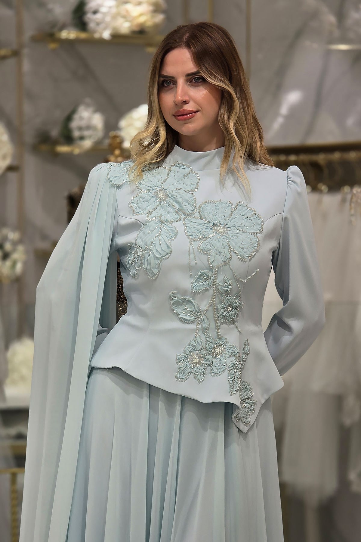 BEBE MAVİSİ Çiçek Detaylı Krep Abiye 4478