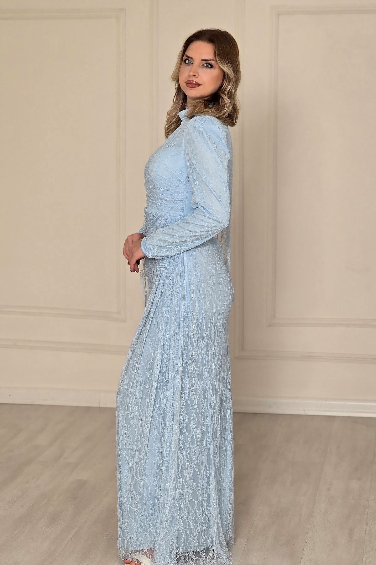 BEBE MAVİSİ Dantel Pelerinli Tesettür Abiye 5659