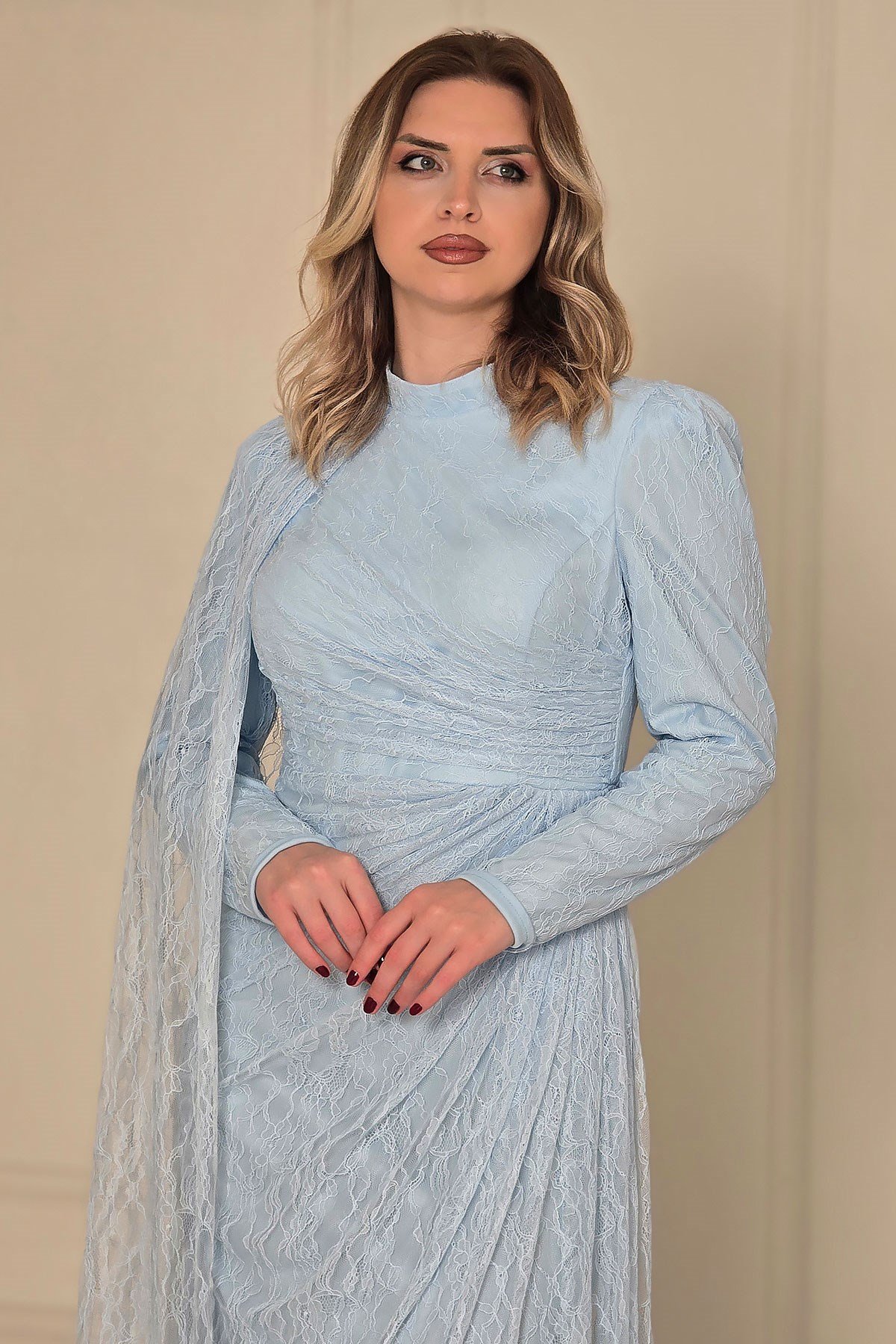 BEBE MAVİSİ Dantel Pelerinli Tesettür Abiye 5659