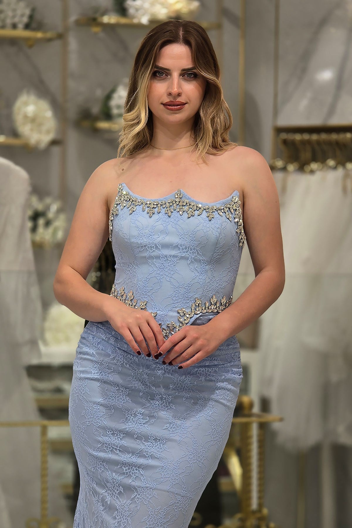 BEBE MAVİSİ Dantel Taş Detaylı Abiye 5010