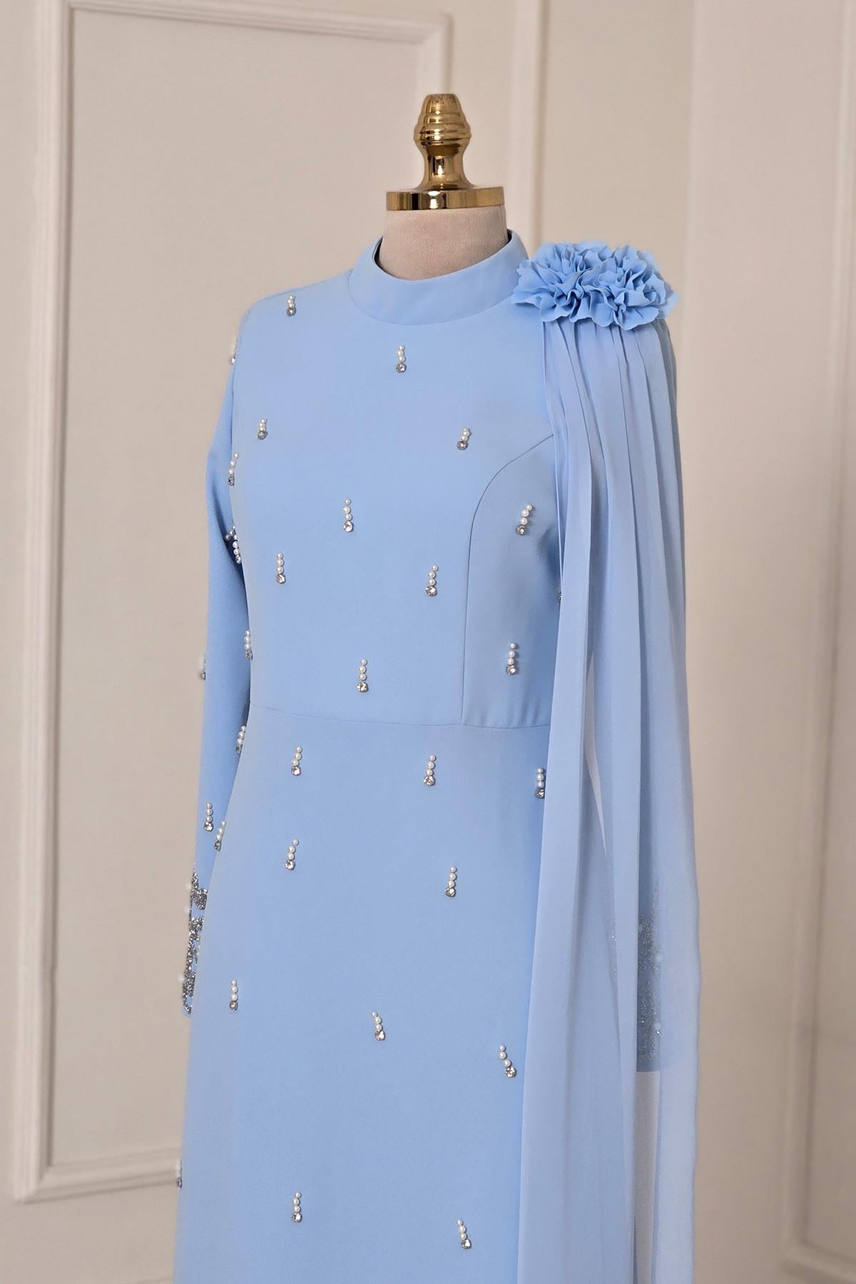 BEBE MAVİSİ İncili Tesettür Abiye 9013