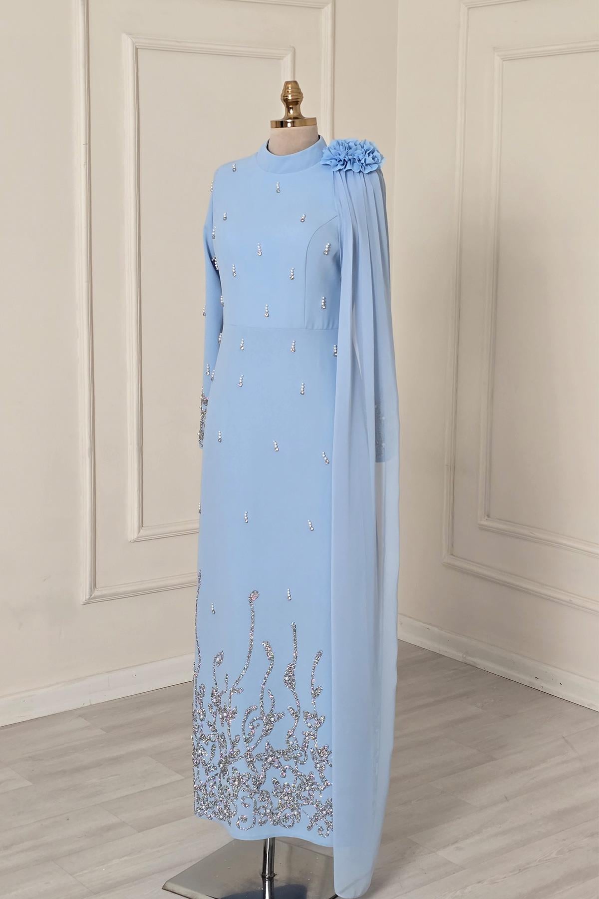BEBE MAVİSİ İncili Tesettür Abiye 9013