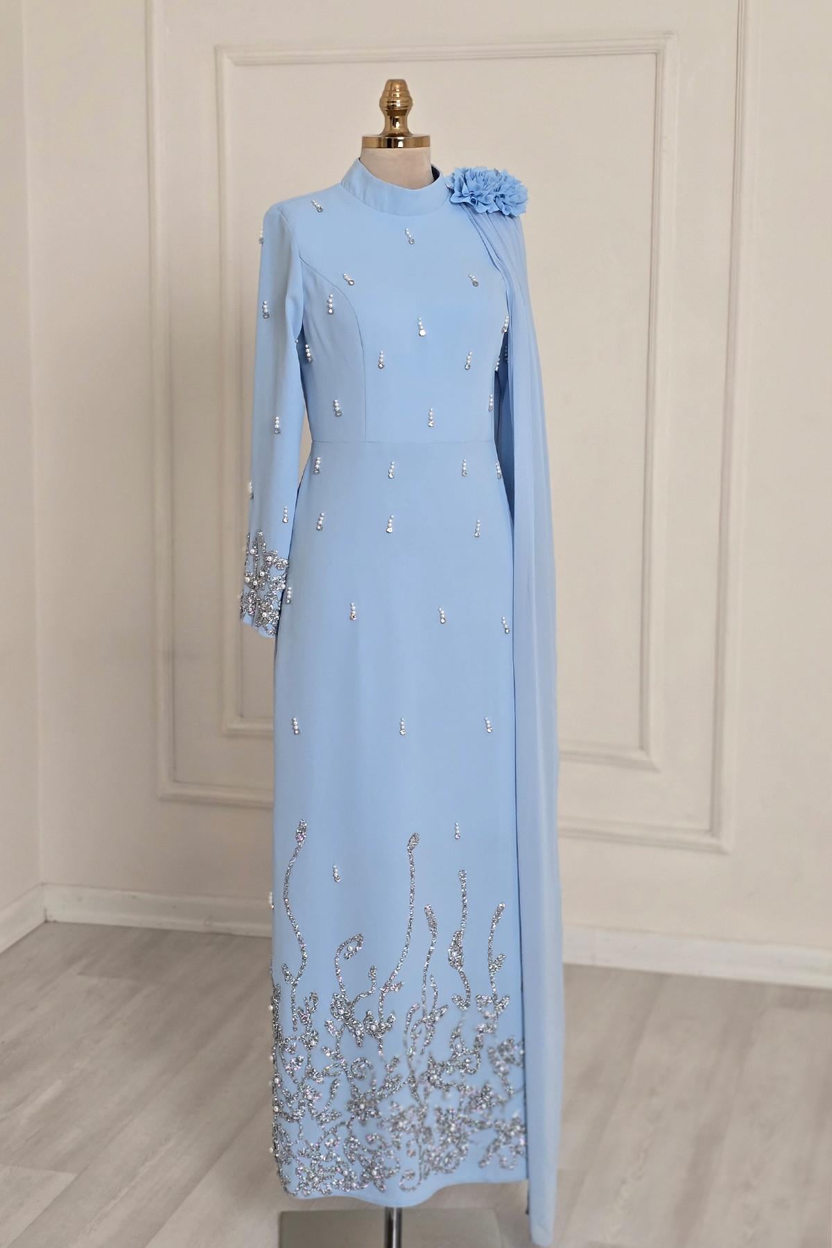 BEBE MAVİSİ İncili Tesettür Abiye 9013