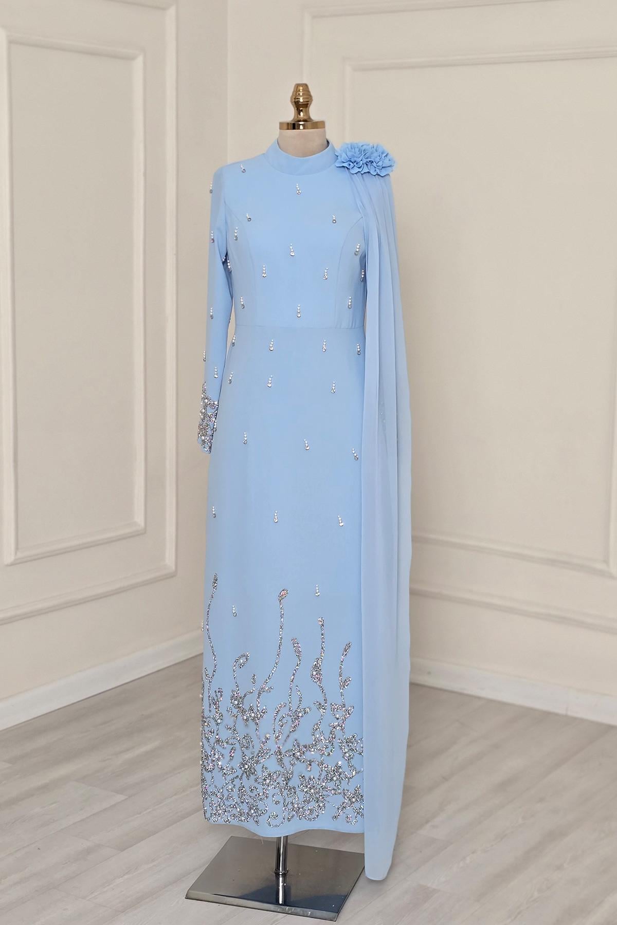 BEBE MAVİSİ İncili Tesettür Abiye 9013