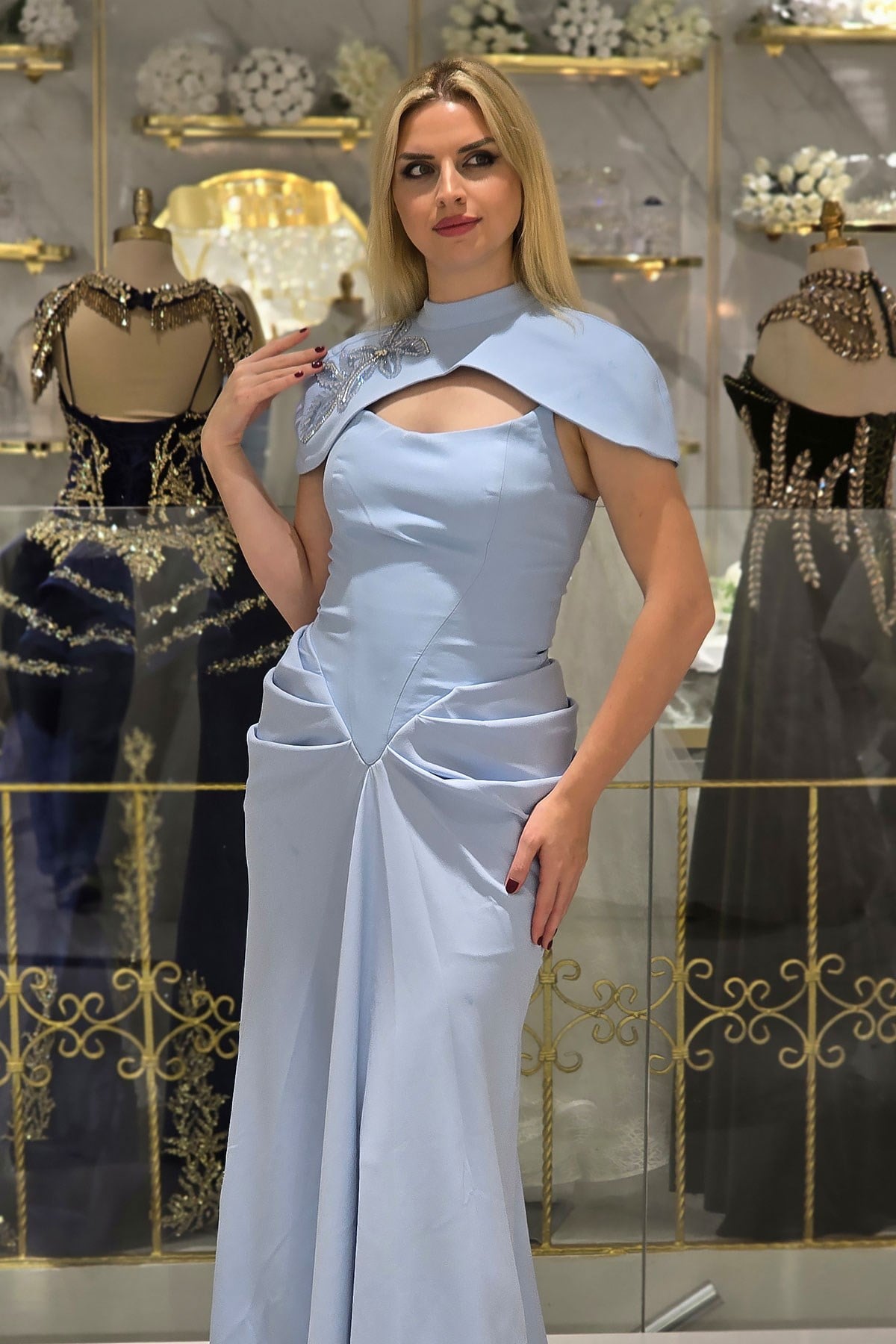 BEBE MAVİSİ İşlemeli Krep Abiye 4090