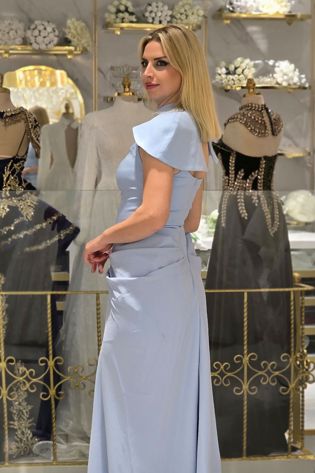 BEBE MAVİSİ İşlemeli Krep Abiye 4090