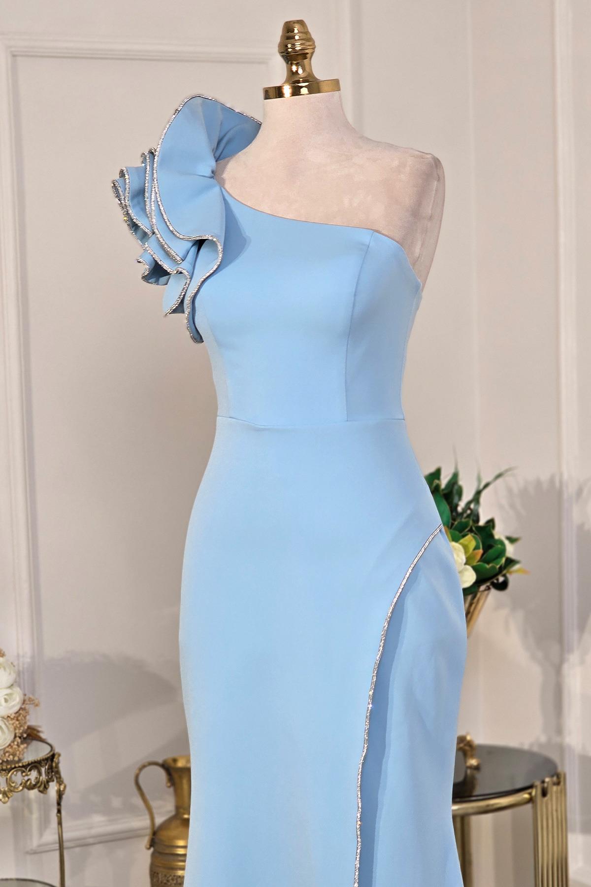 Bebe Mavisi Krep Omuz Detaylı Elbise 10023
