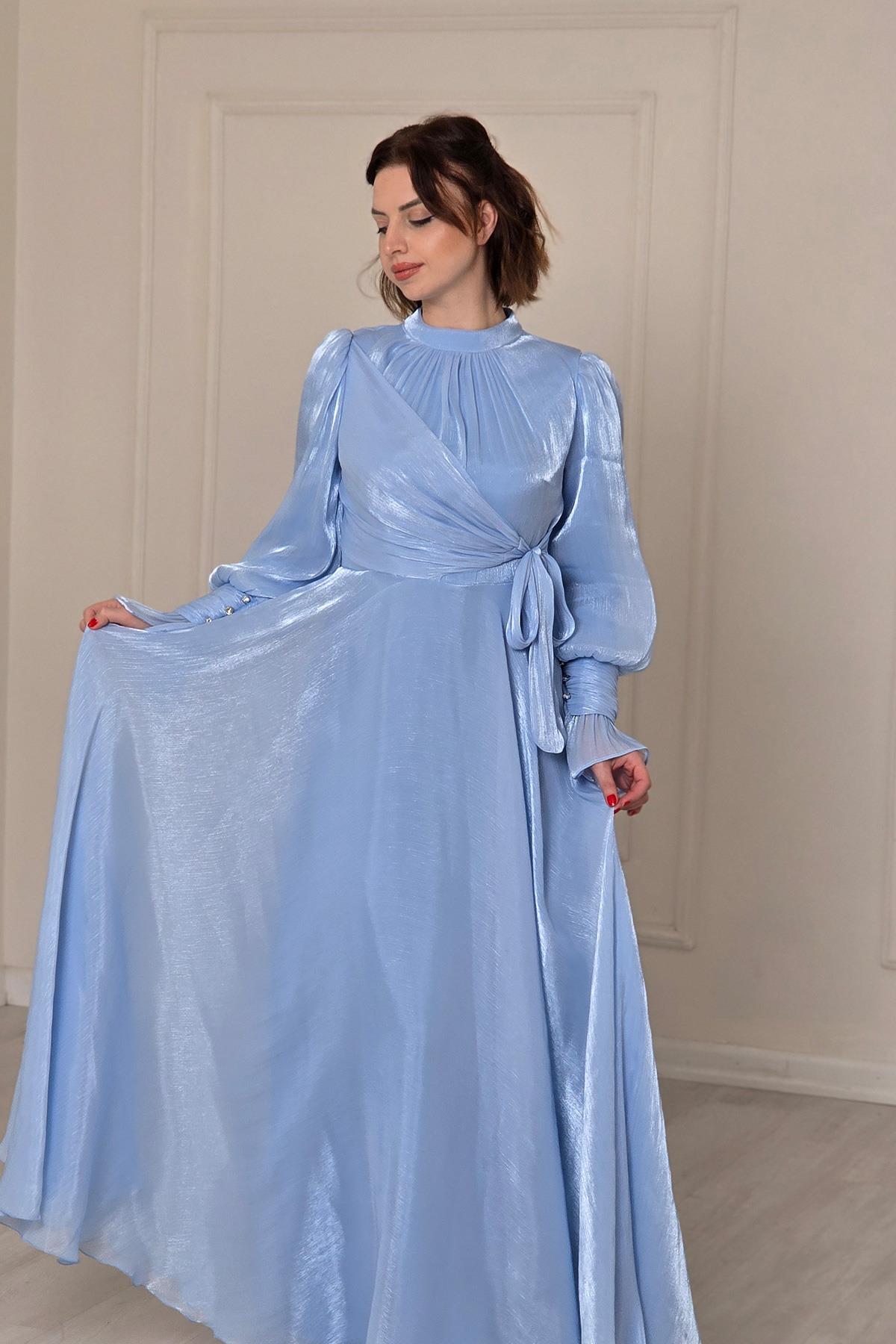 BEBE MAVİSİ Ön Detaylı Kollar Fırfırlı Abiye 4805