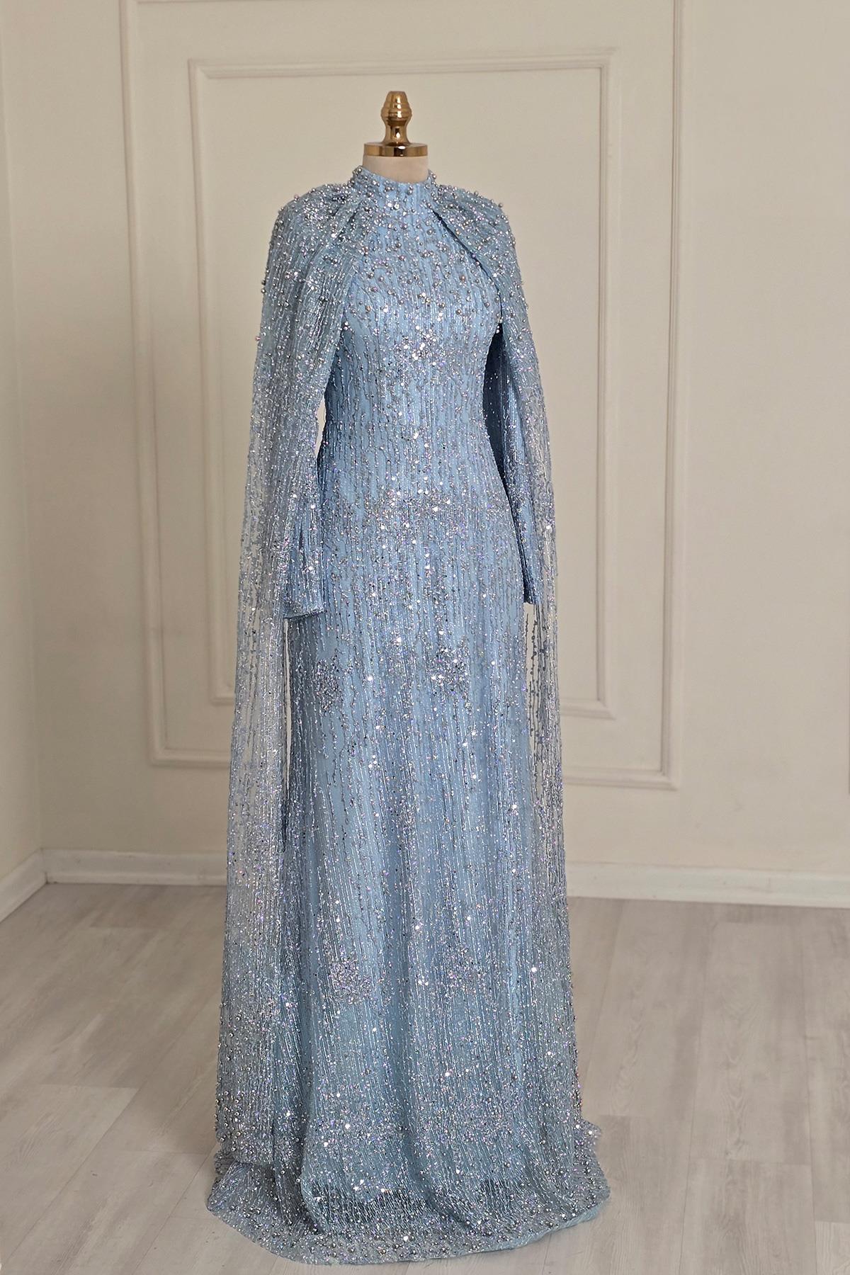 BEBE MAVİSİ Pelerinli İşli Abiye 9037