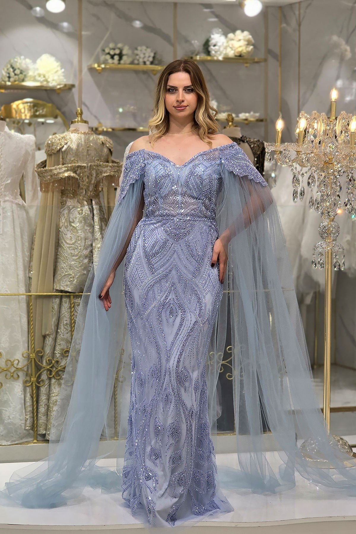 BEBE MAVİSİ Pelerinli Taşlı Kayık Yaka Abiye 234