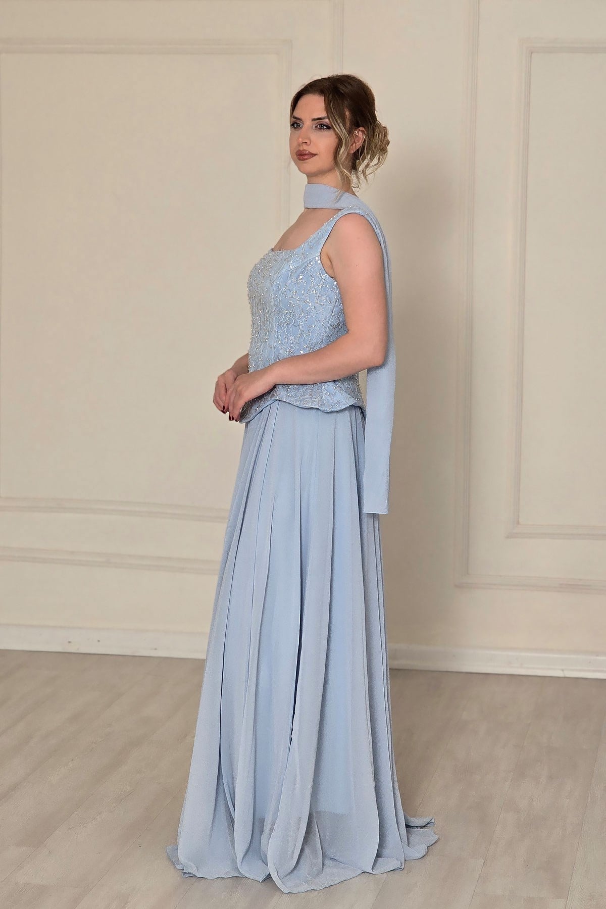 BEBE MAVİSİ Şifon Dantelli Abiye 2752