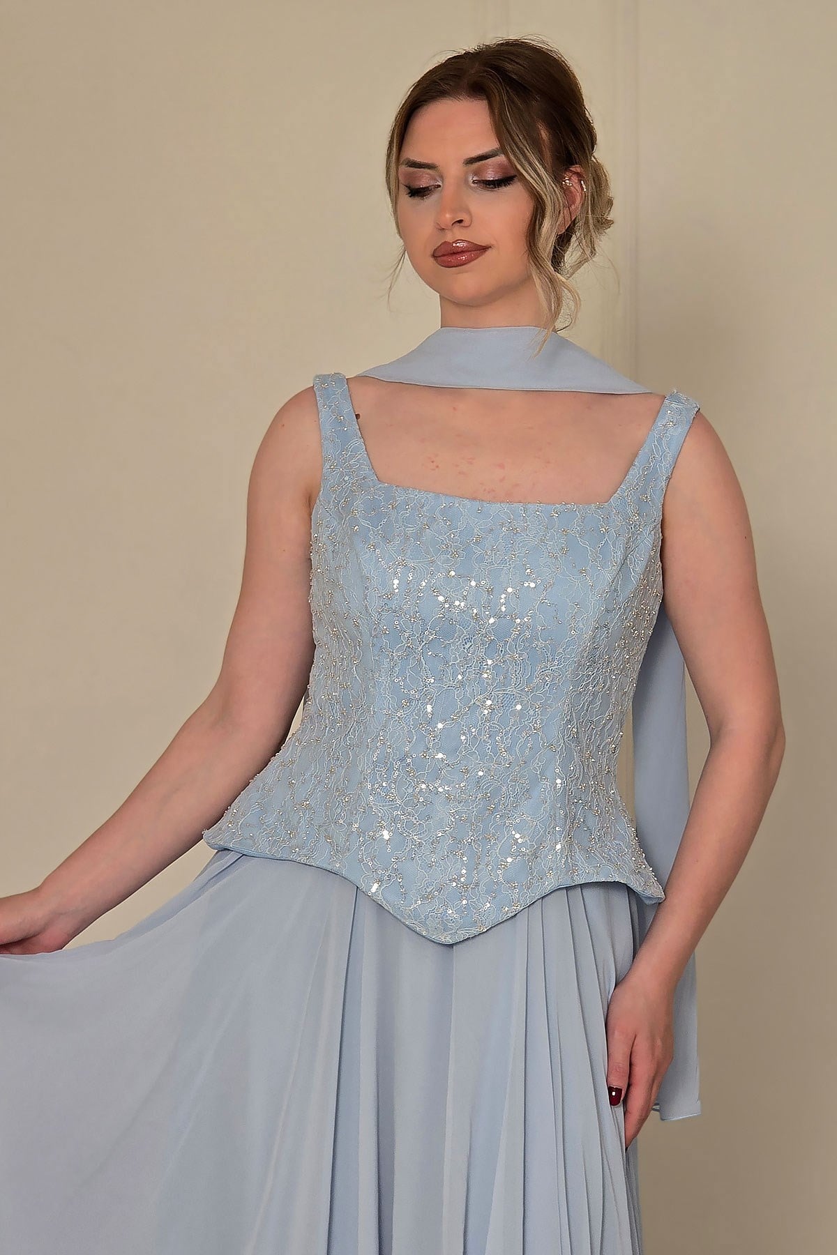 BEBE MAVİSİ Şifon Dantelli Abiye 2752