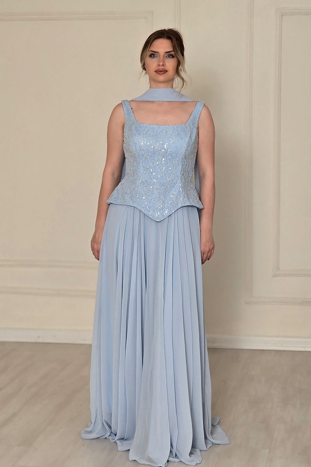 BEBE MAVİSİ Şifon Dantelli Abiye 2752