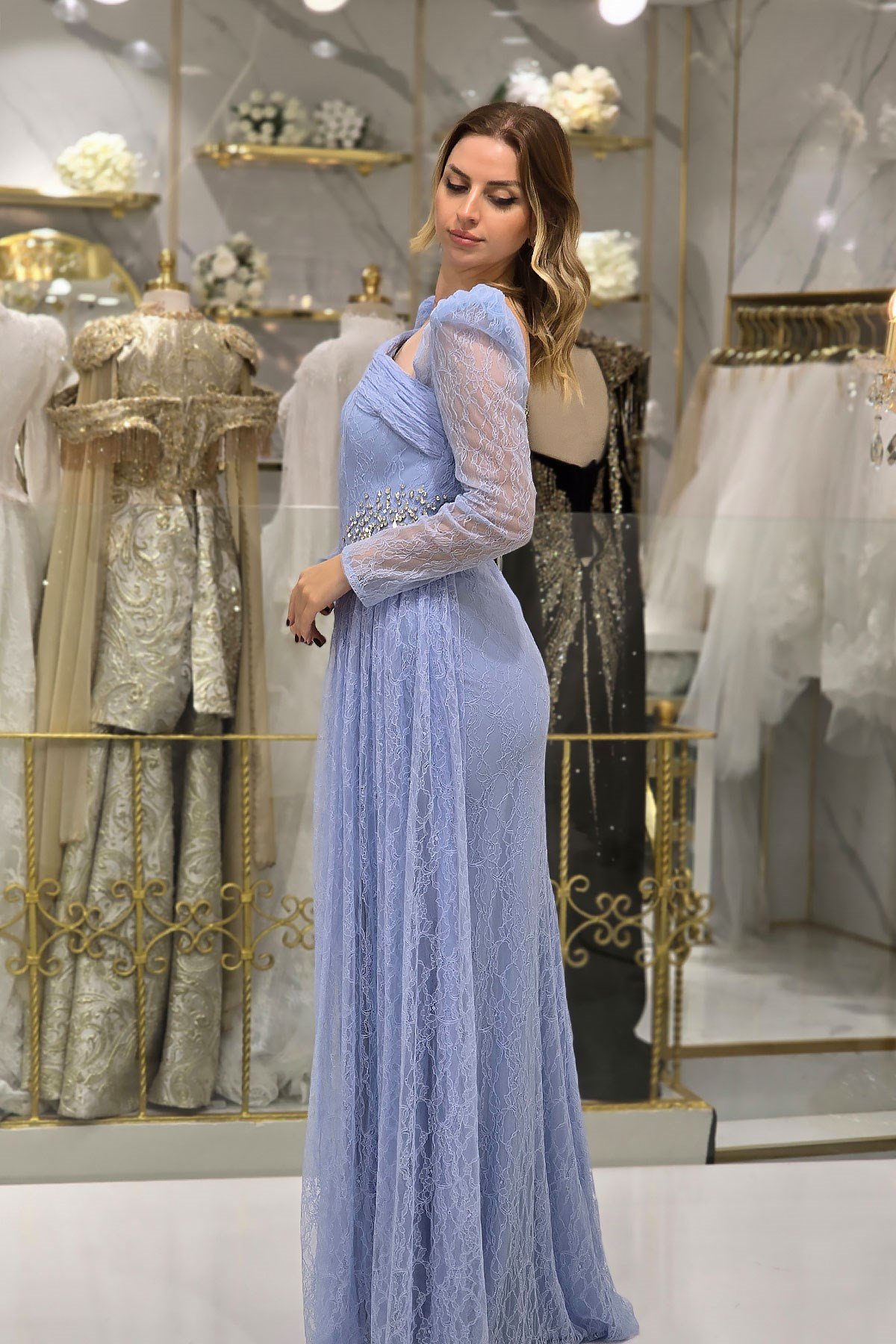 BEBE MAVİSİ Taş Detaylı Dantel Abiye 6265
