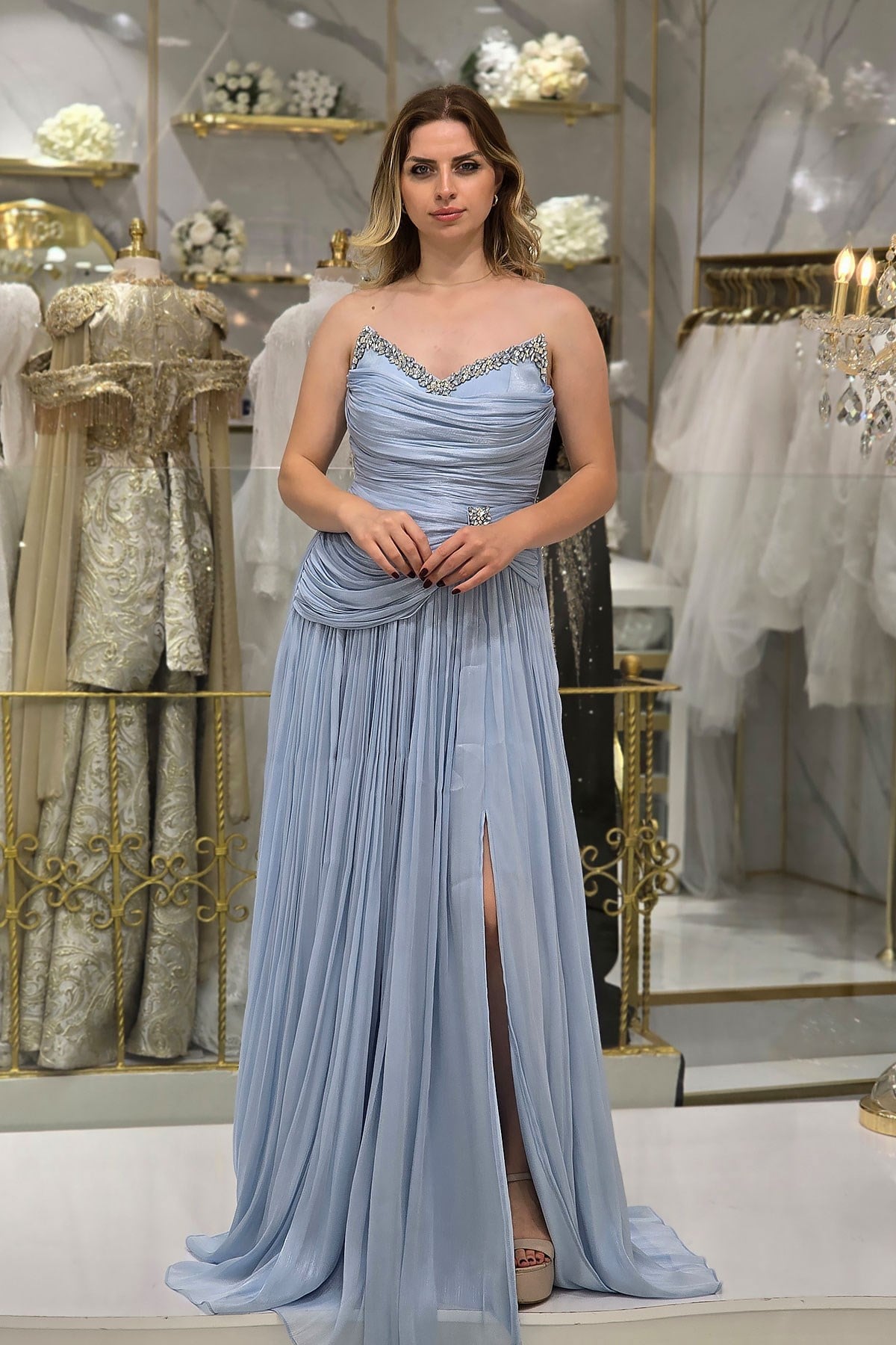 BEBE MAVİSİ Taşlı İnce Askı Abiye 6755