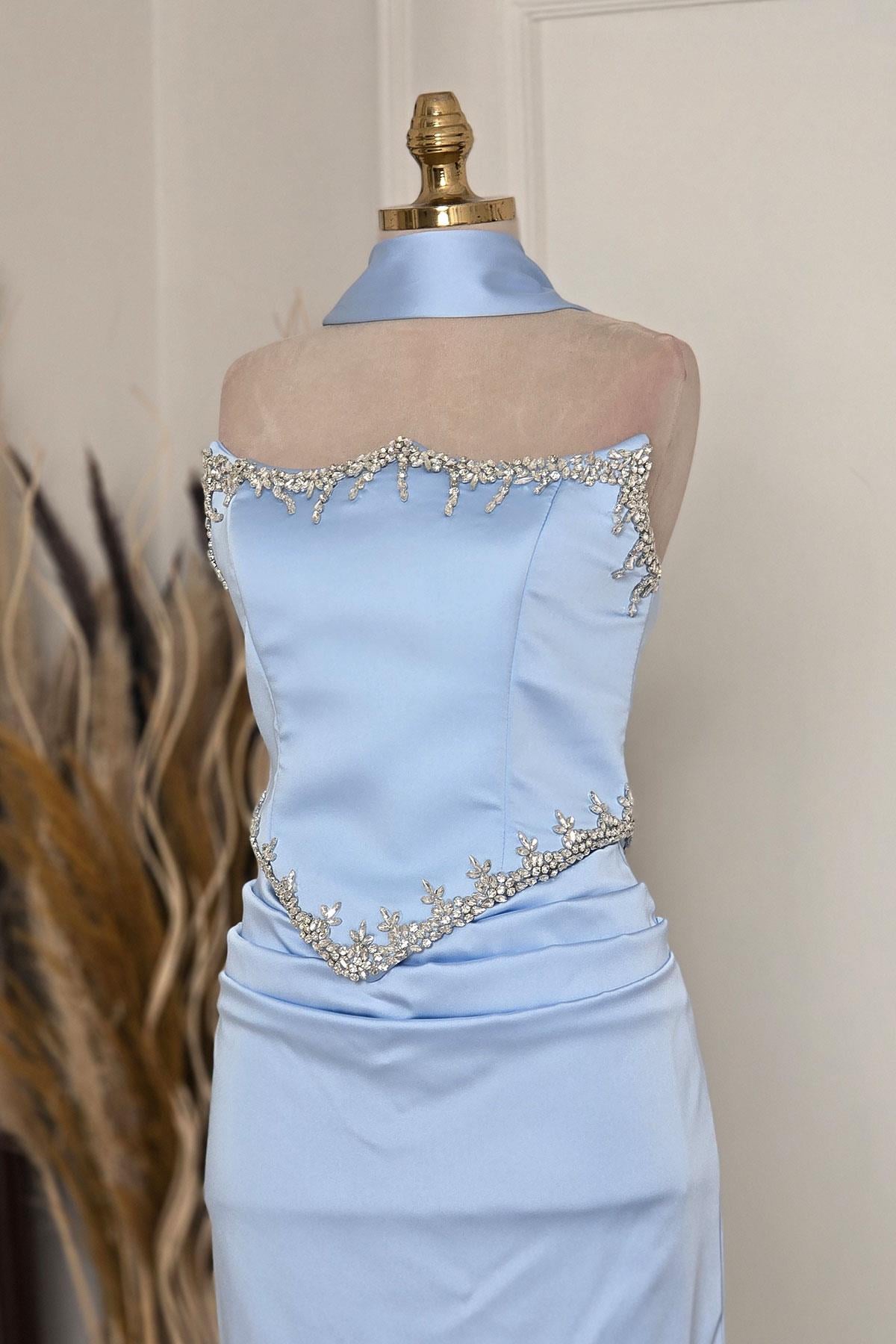 BEBE MAVİSİ Taşlı Korseli Abiye 6135