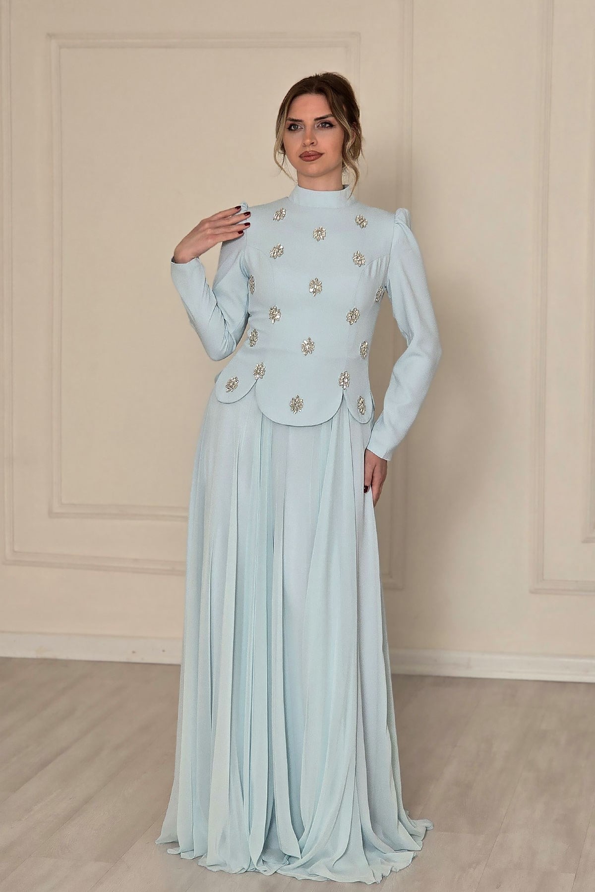 BEBE MAVİSİ Taşlı Krep Tesettür Abiye 4561