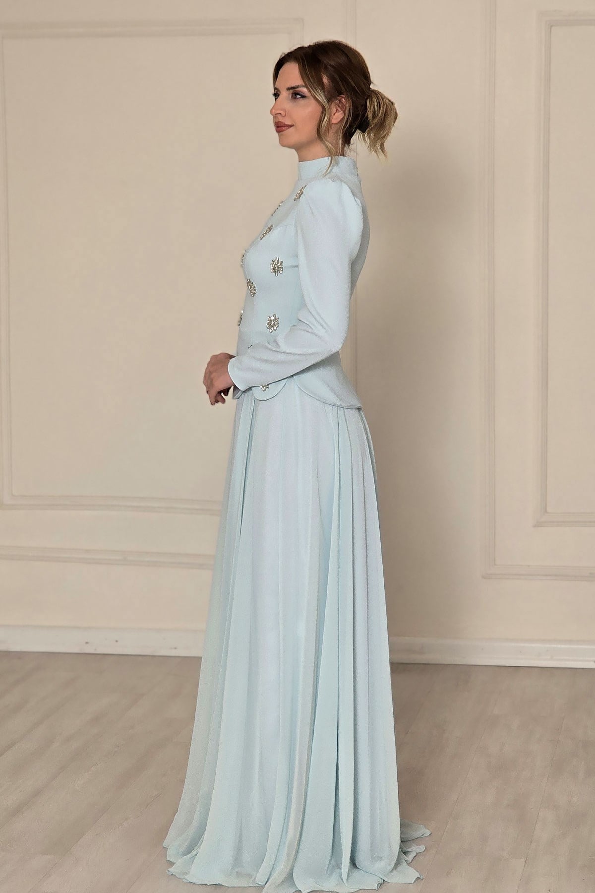 BEBE MAVİSİ Taşlı Krep Tesettür Abiye 4561