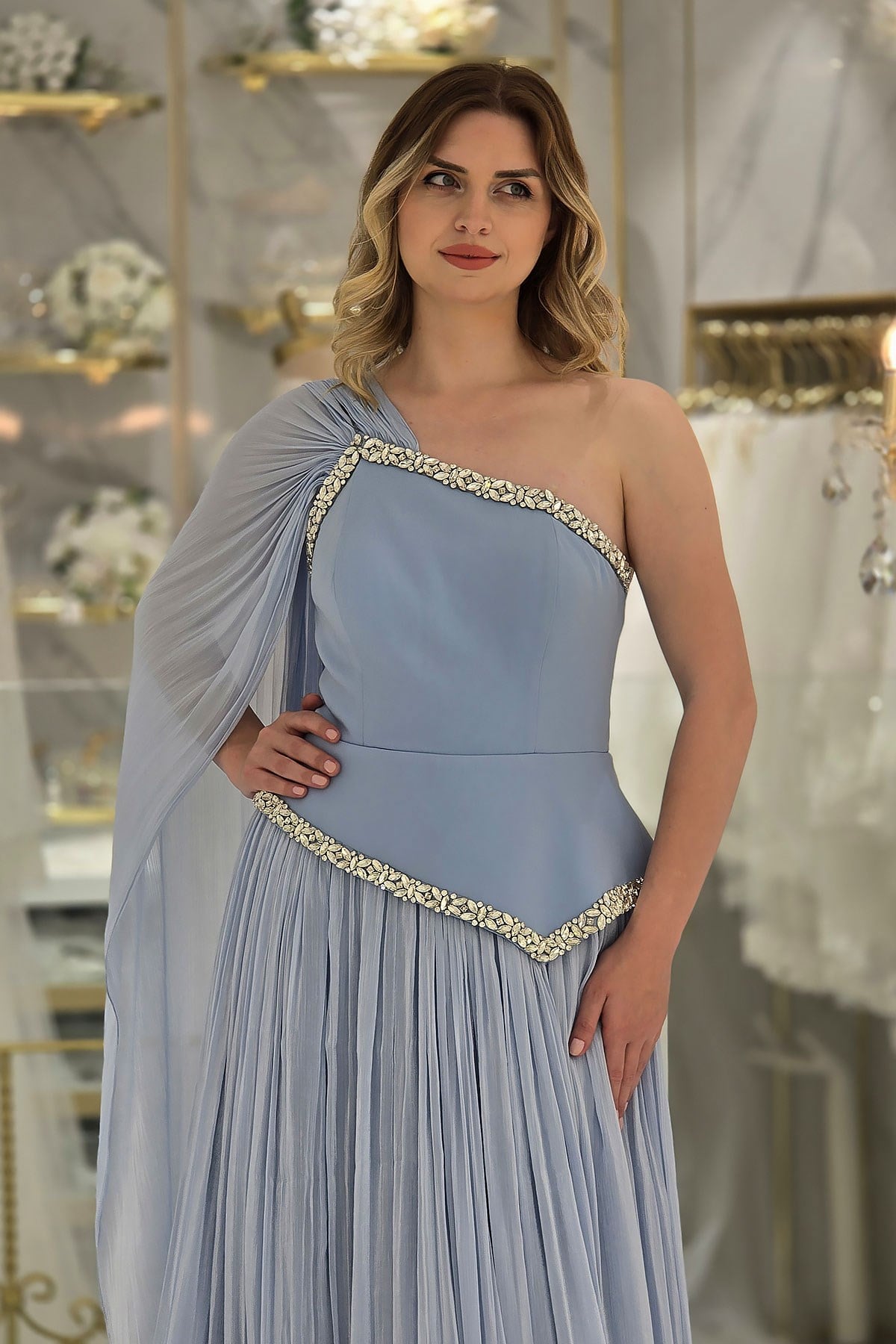 BEBE MAVİSİ Tek Omuz Taşlı Abiye 6670