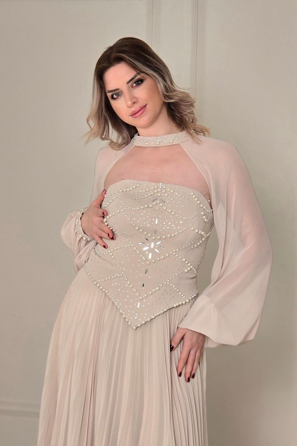 Bej İncili Pileli Abiye 6390