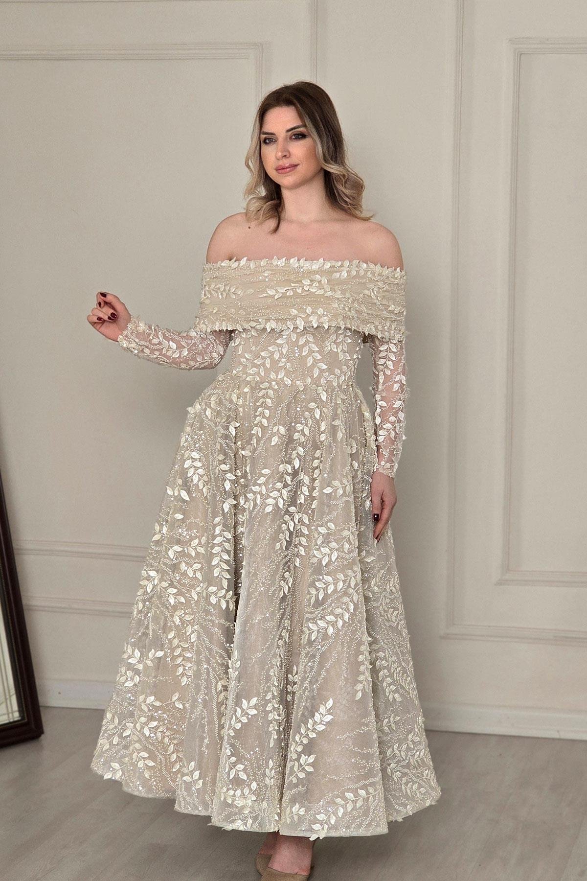 Bej Yaprak Tasarım Abiye 8031