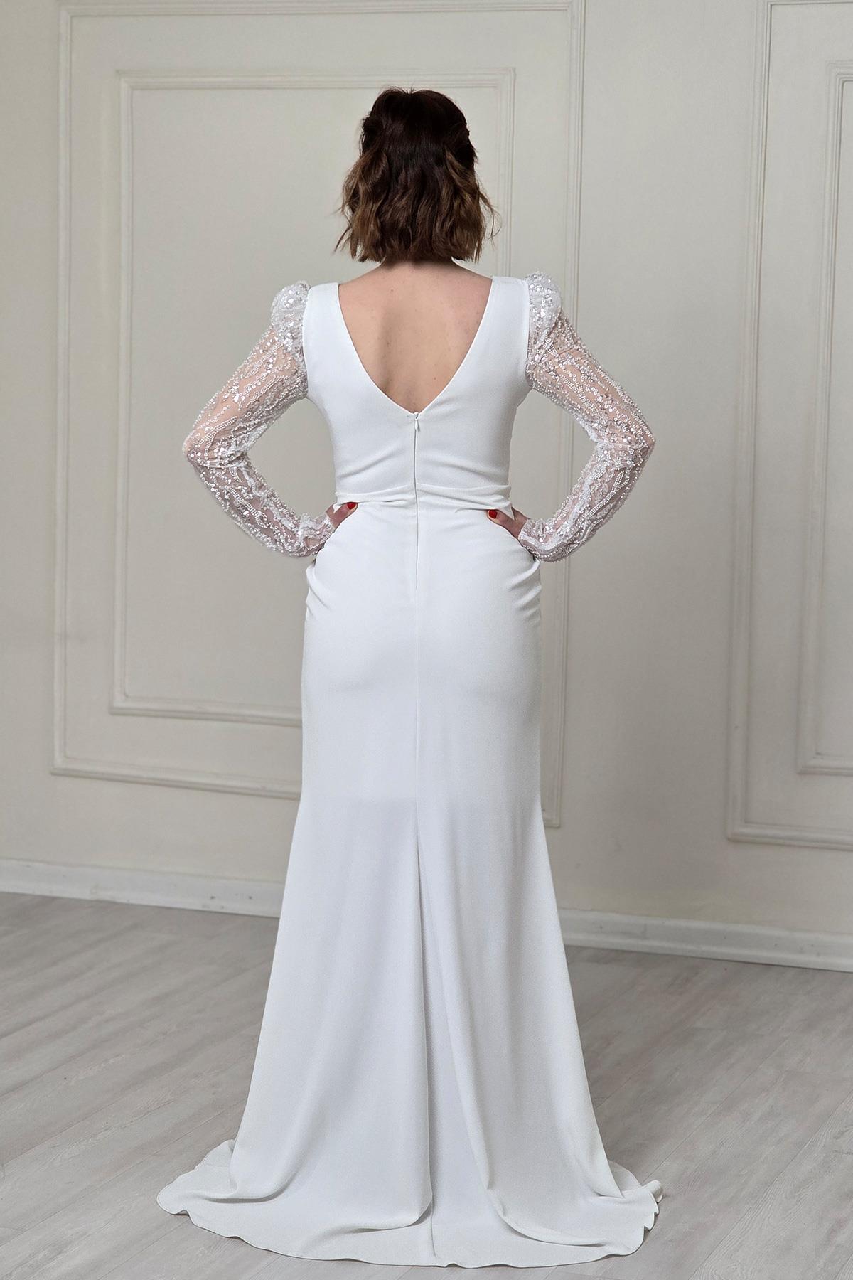 Beyaz Belden Drapeli Abiye 5225