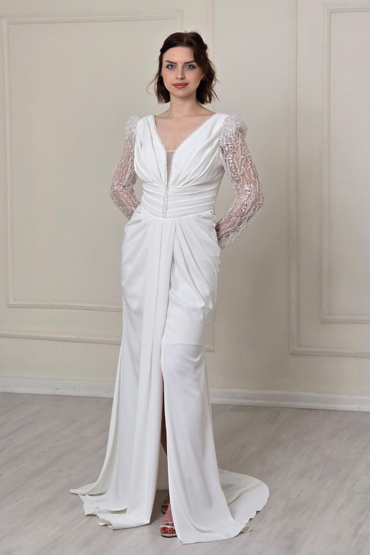 Beyaz Belden Drapeli Abiye 5225