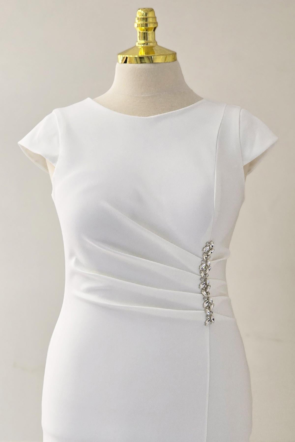 Beyaz Beli Taşlı B.Beden Midi Abiye 8335