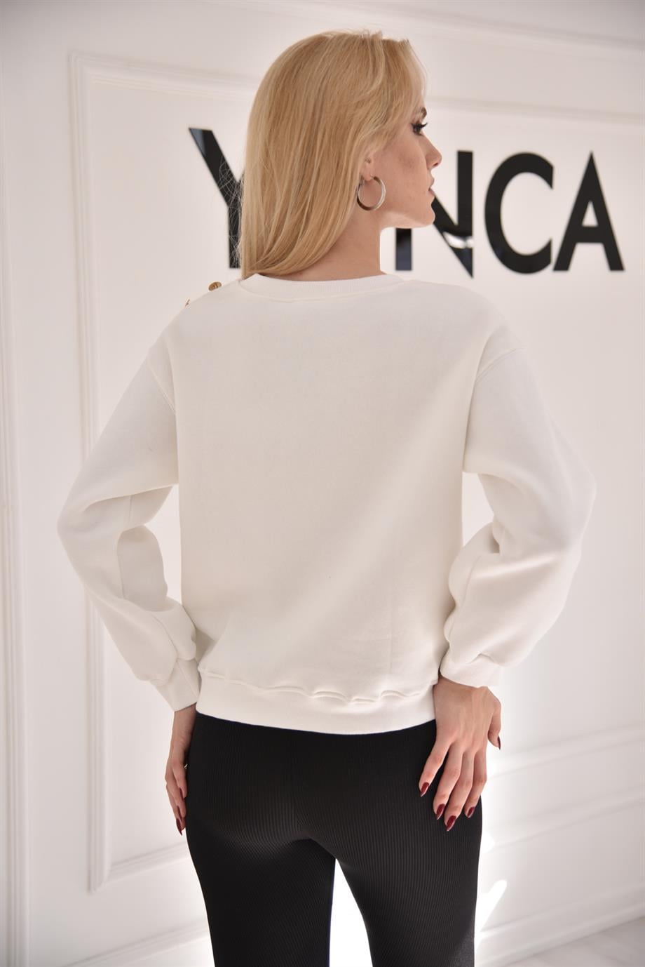 Beyaz Düğmeli Sweat 6601