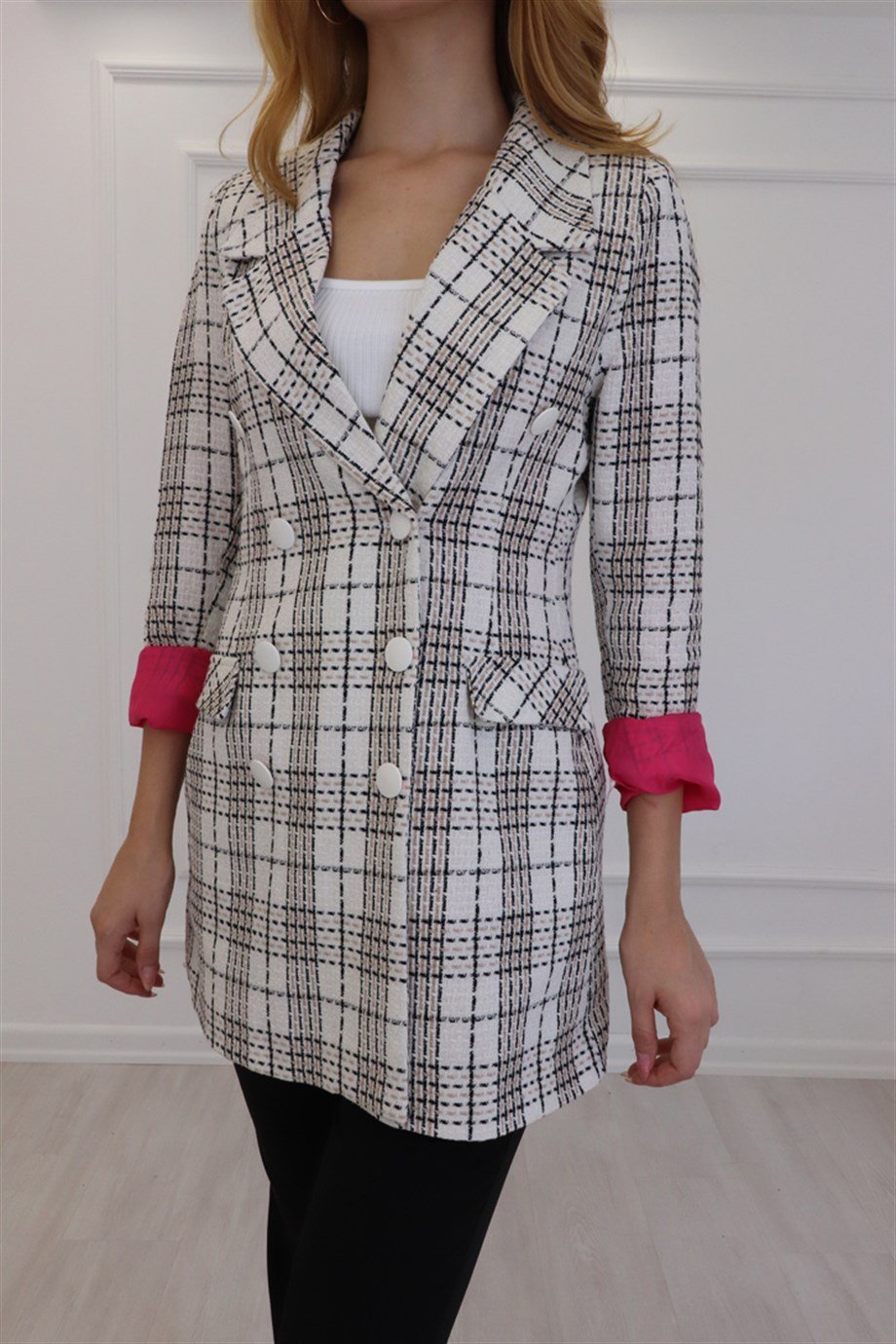Beyaz-Kahve Kareli Blazer Ceket 2007