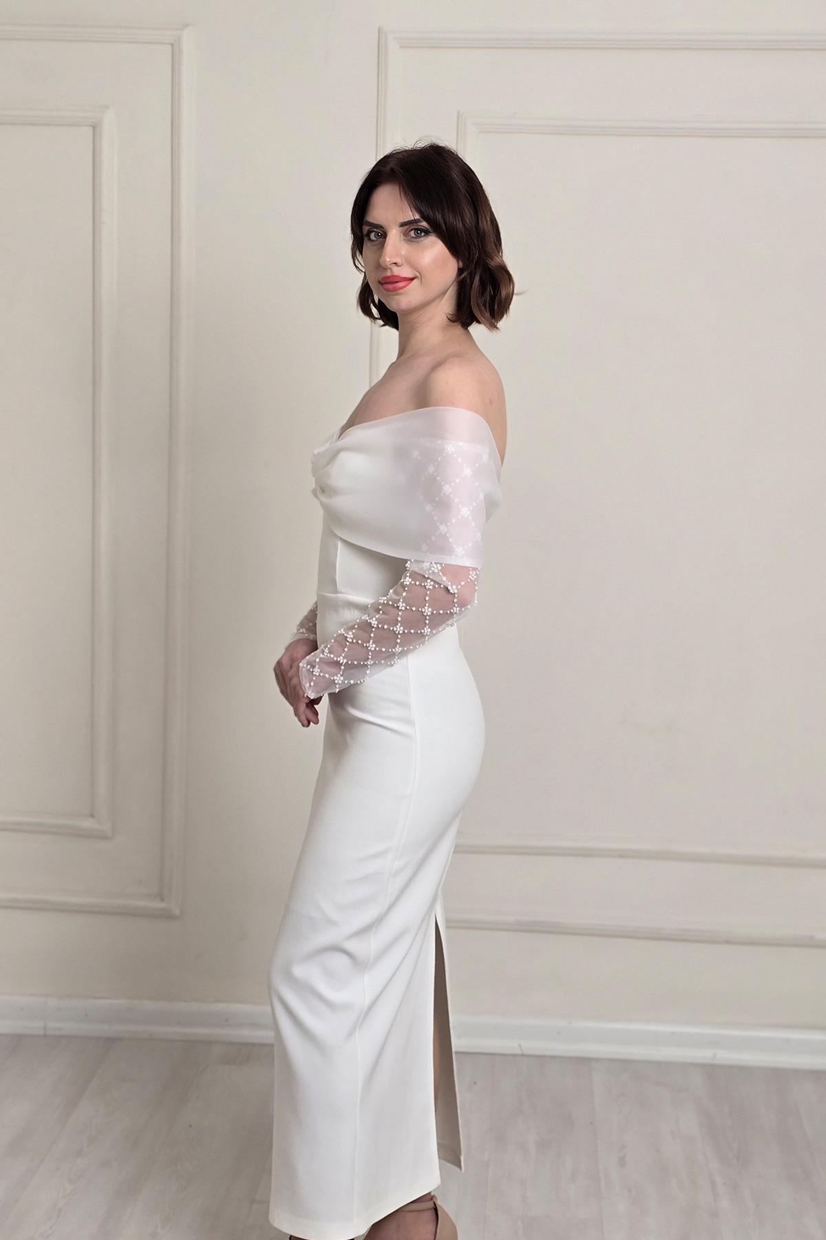Beyaz Kollar Taşlı Elbise 8293