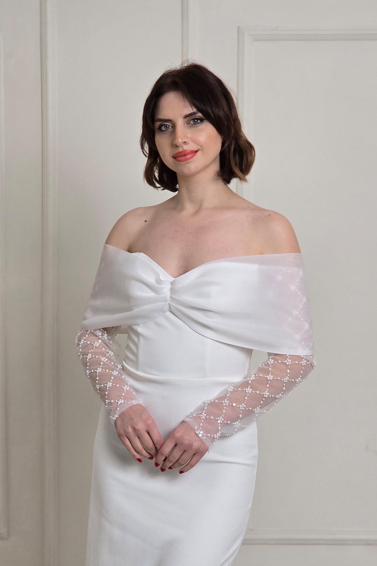 Beyaz Kollar Taşlı Elbise 8293