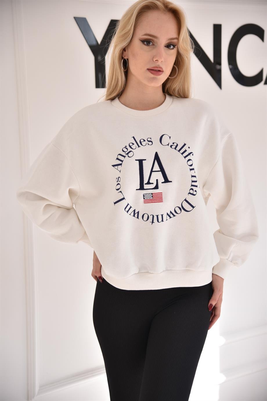 Beyaz Los Angeles Bisiklet Yaka Sweat 17745