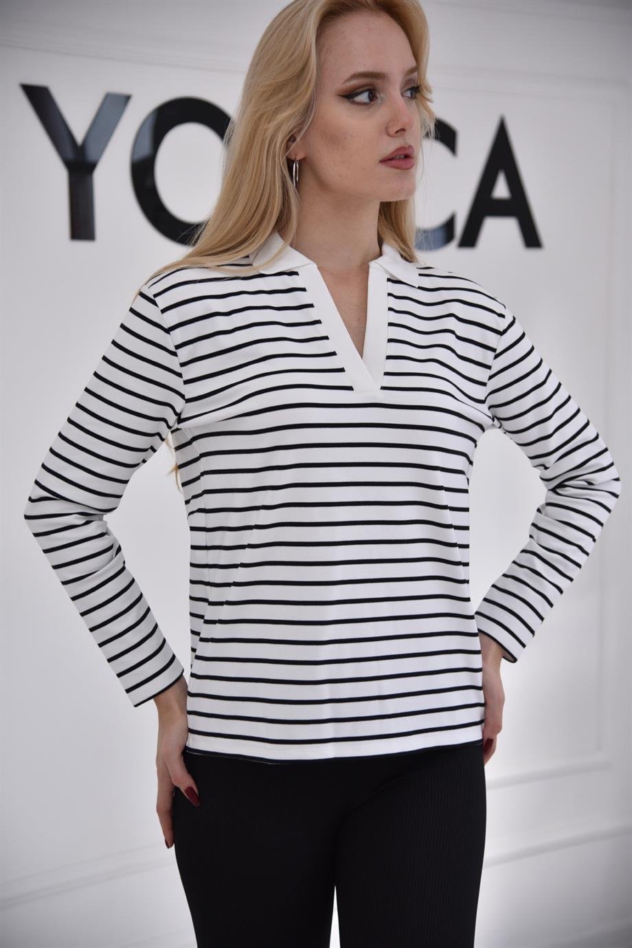 Beyaz Polo Yaka Çizgili Sweat 3010