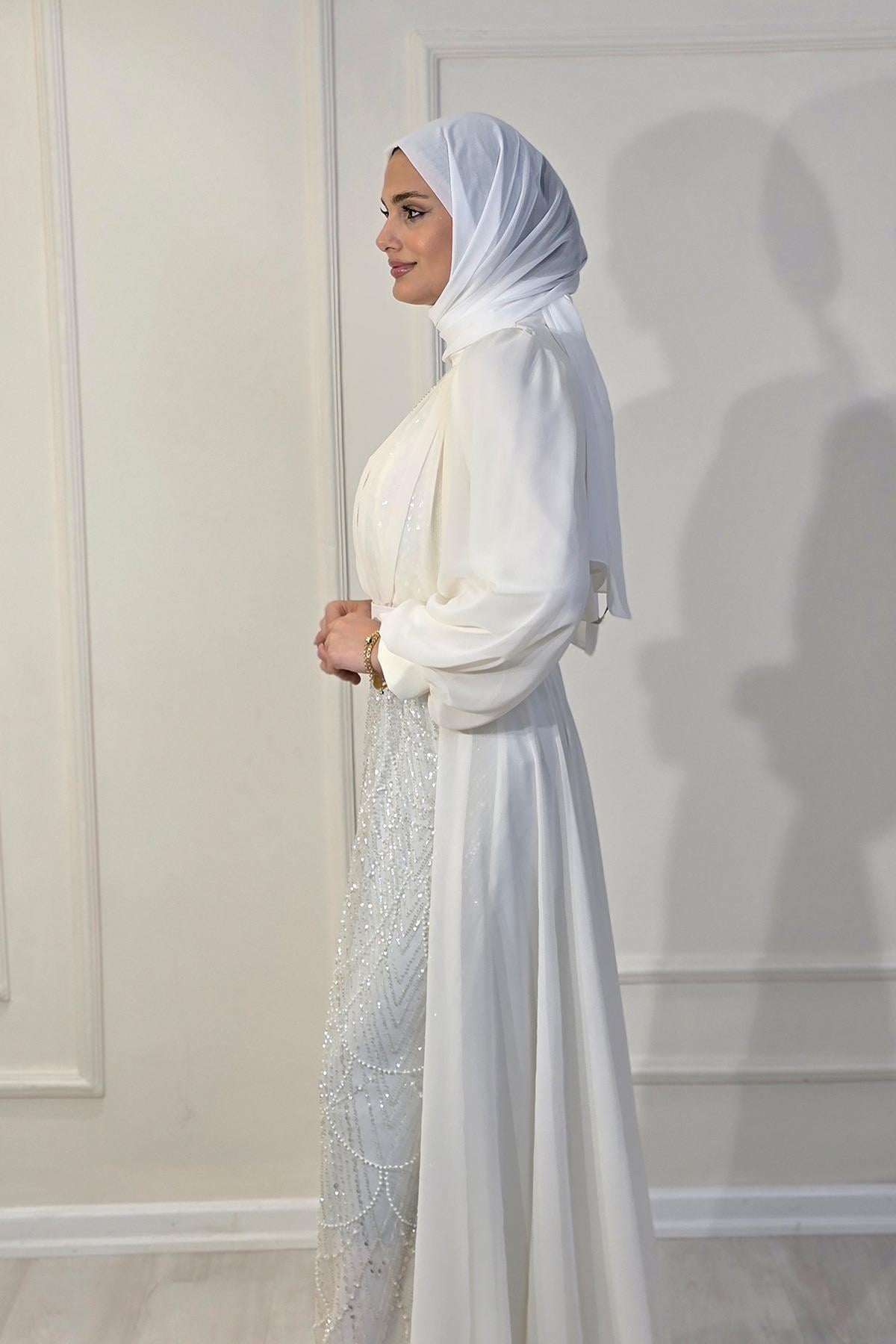 Beyaz Şifon Boncuklu Abiye 4630